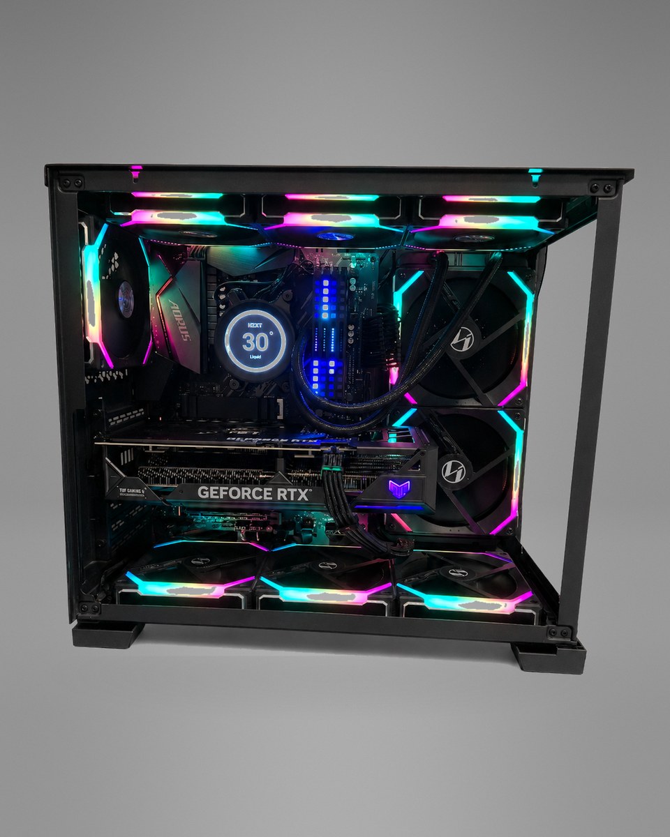 Glass side view of Blackprism 004 showing the pump cap, graphics card and lit fans.