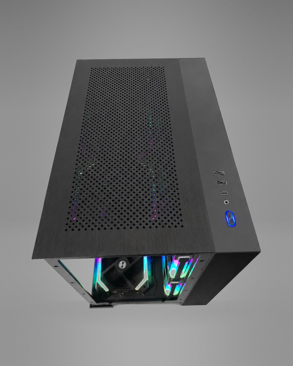 Top-down view of Blackprism 004 showing the mesh top panel and the front power and USB controls.