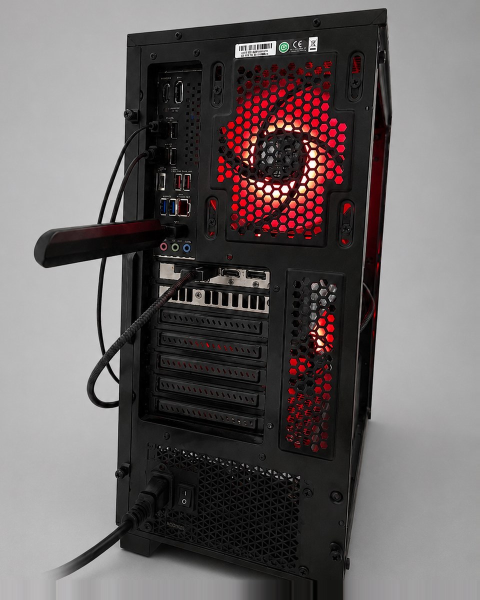 Rear angle of Emberline 003 showing its motherboard ports, expansion slots, power supply and red-lit rear fan.