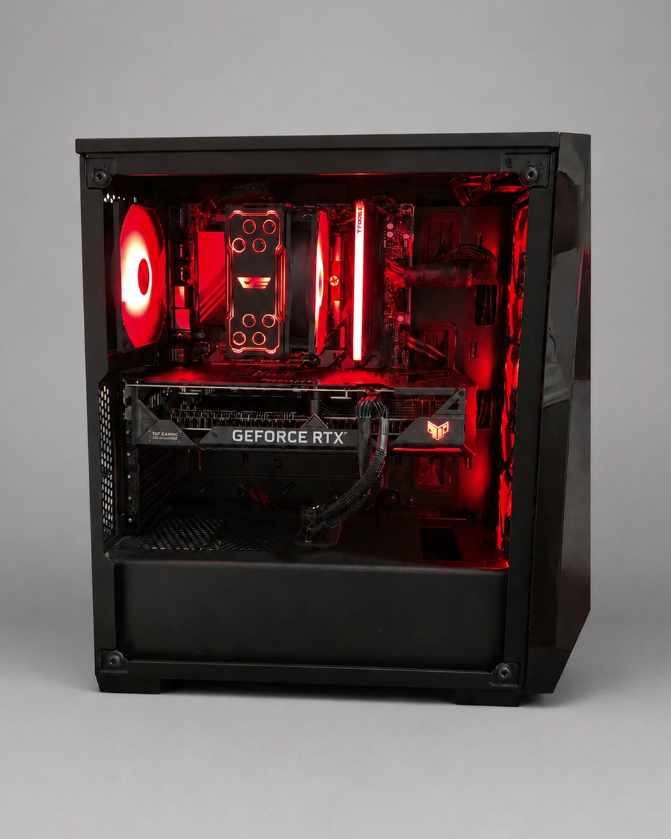 Straight glass-side view of Emberline 003 showing its red-lit interior in the black chassis.