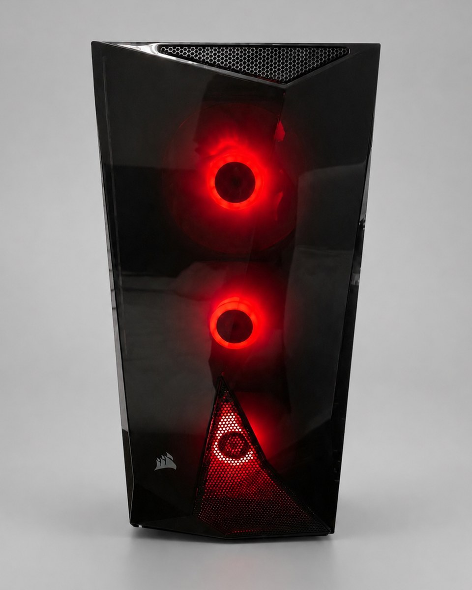 Head-on intake view of Emberline 003 with three red fan rings in a vertical line behind the faceted black front panel.