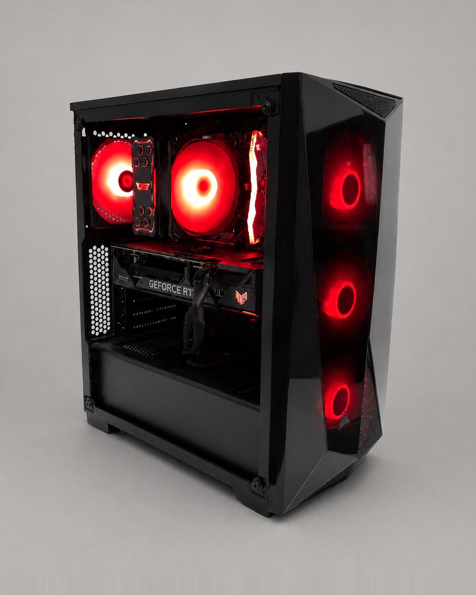 Front three-quarter view of Emberline 003, a black tower with red-lit fans visible through the glass side and front panels.
