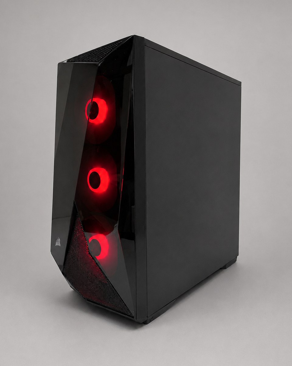 Front and solid-side angle of Emberline 003 showing the black chassis and the column of red-lit intake fans.