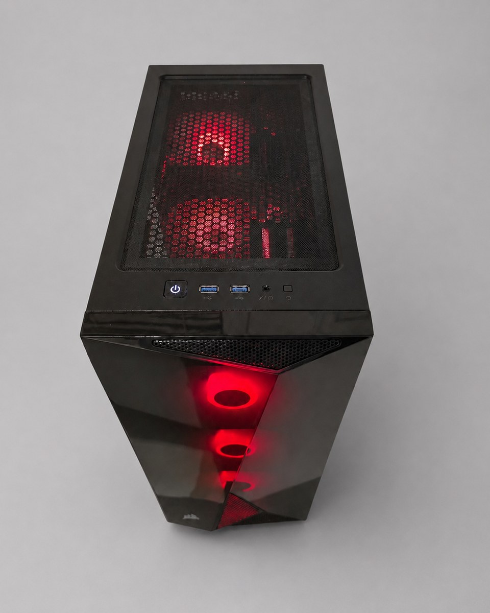 Top-down view of Emberline 003 showing the mesh top panel, power button, USB ports and red-lit intake fans.