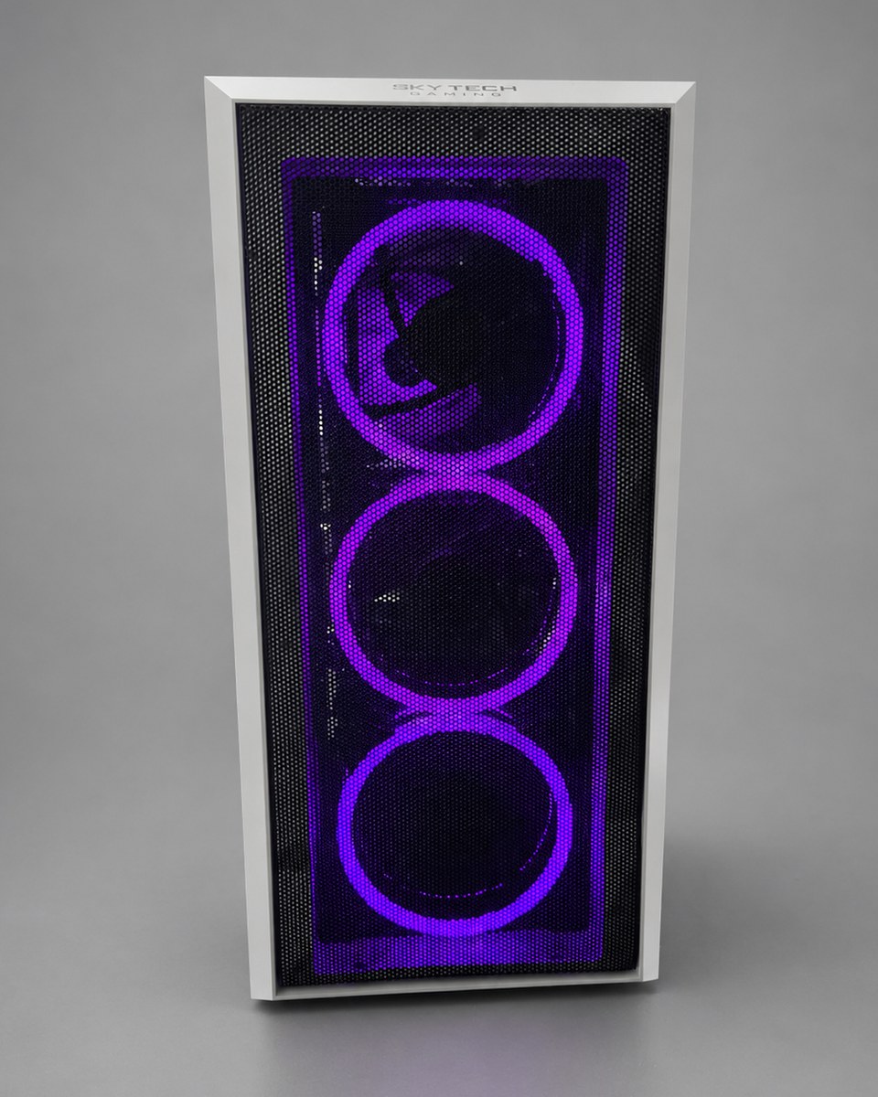 Straight front view of Snowlight 002 showing three ring-lit fans glowing purple behind the mesh front panel.