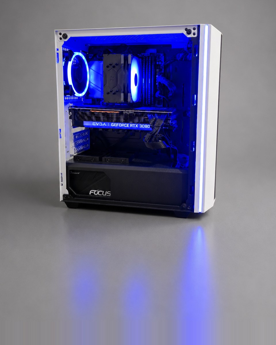 Front three-quarter view of the white Snowlight 002 tower, the tempered-glass panel showing blue interior lighting, the tower cooler and the graphics card.