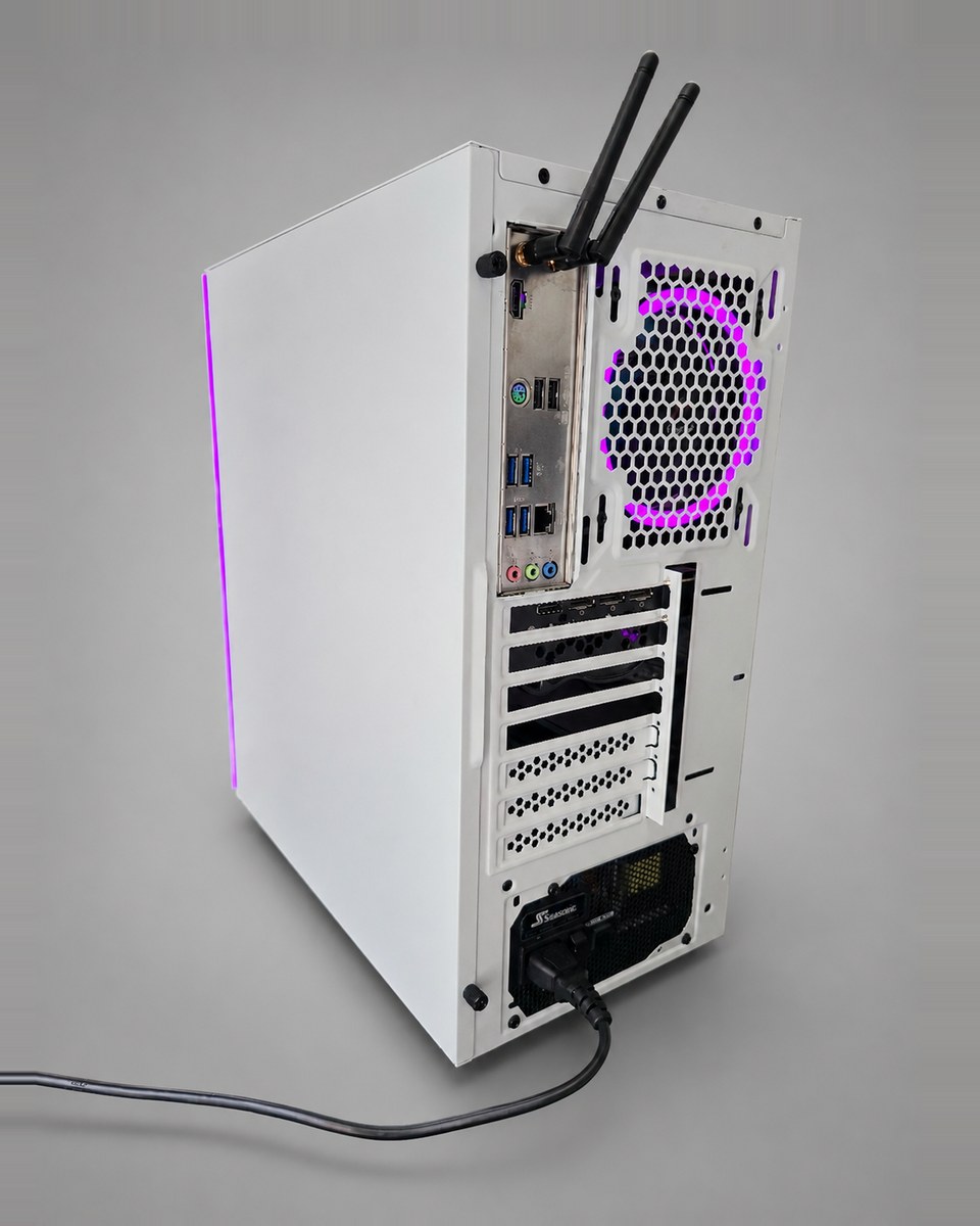 Rear view of Snowlight 002 showing the motherboard port cluster, the Wi-Fi antennas, the expansion slots and the magenta-lit rear fan.
