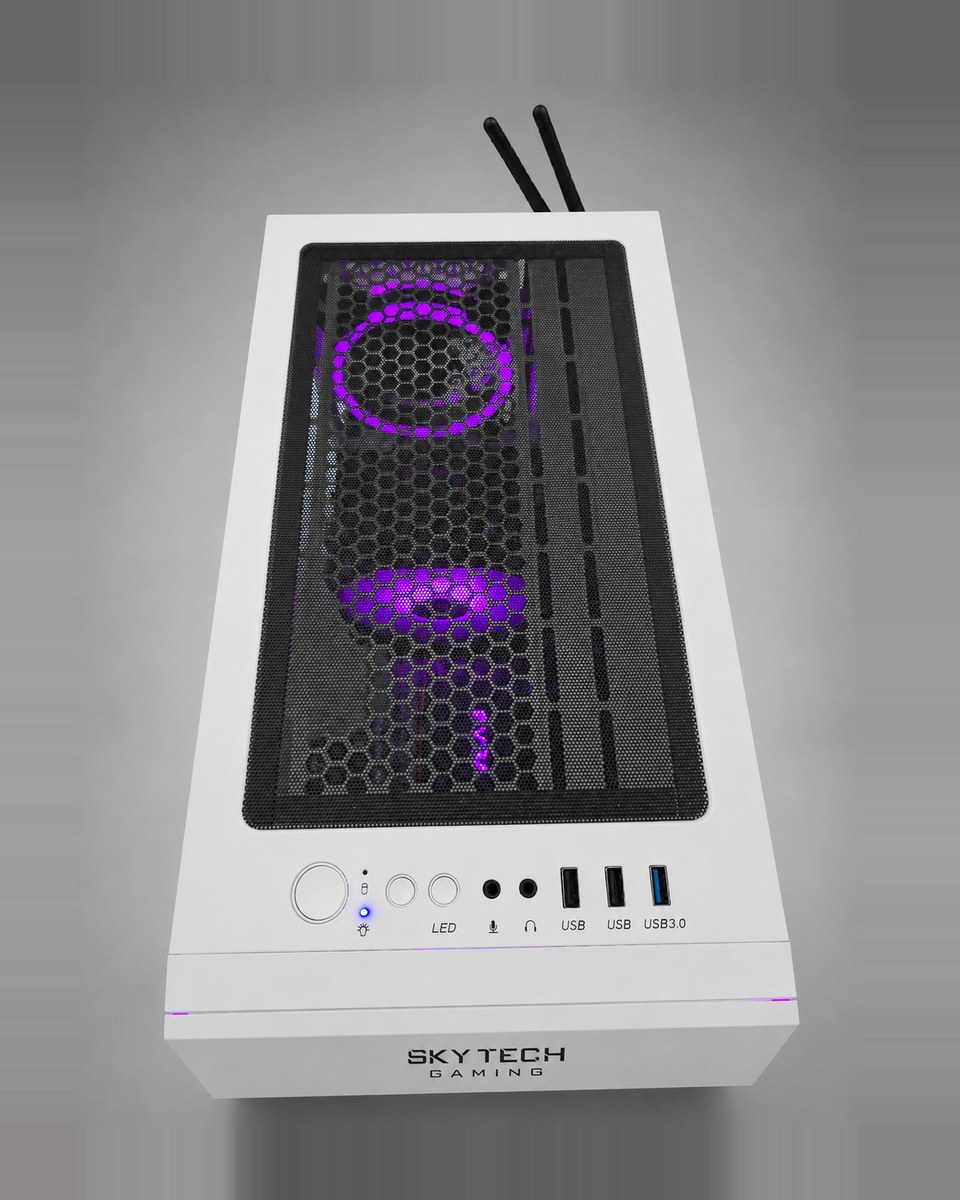 Top-down view of Snowlight 002 showing the power button, LED button, audio jacks, USB ports and the mesh top vent with purple lighting below.